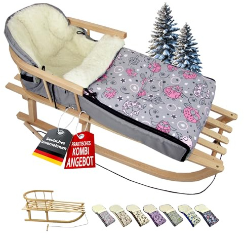 BAMBINIWELT Kombi-Angebot Holz-Schlitten mit Rückenlehne & Zugseil + universaler Winterfußsack (108cm), auch geeignet für Babyschale, Kinderwagen, Buggy, aus Wolle im Eulendesign