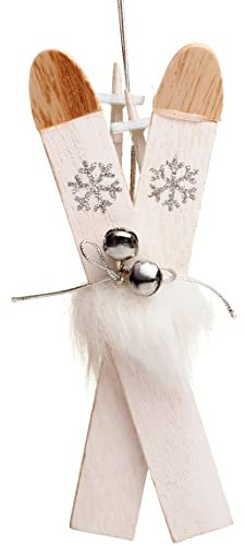 alles-meine.de GmbH 1 Set Ski mit Stöcken & Glöckchen - weiß/Silber - aus Holz - 13,5 cm - Miniatur/Diorama - Anhänger - Weihnachtsdeko/Winter - Winterurlaub - Deko -..