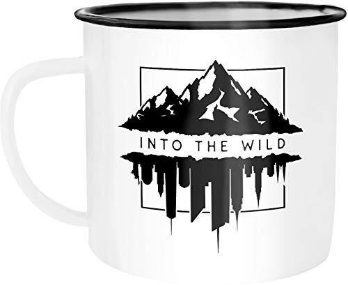 Autiga® Emaille Tasse Becher Into The Wild Berge Skyline Kaffee-Tasse weiß-schwarz 300 ml Metall mit Griff