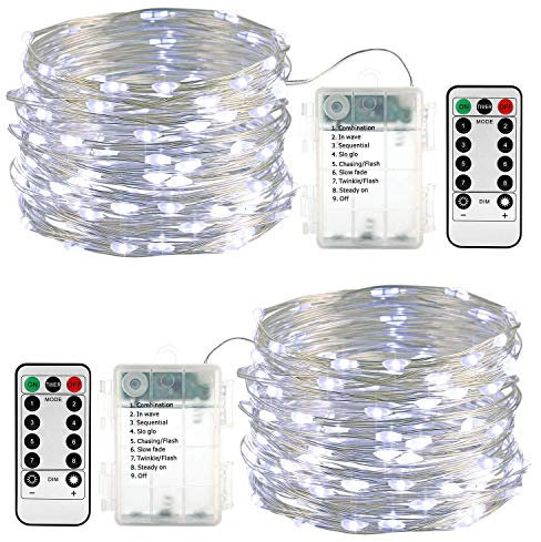 Qedertek Lichterkette Außen Batterie - 2 Stück 100 LED Silberdraht Micro Lichterkette Wasserdicht 10M Lichterkette Weihnachtsbaum Weiß mit Fernbedienung für Außen Innen Garten Hochzeit Balkon