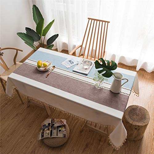 X-Labor Abwaschbar Tischdecke mit Quaste Eckig Wasserdicht Baumwolle Leinen Tischtuch Tischwäsche Pflegeleicht Garten Zimmer Tischdekoration Streifen blau Coffee 100 * 140cm