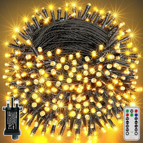 Ollny 20m 200 LED Outdoor Fairy Lights Mains Powered, Warm White Waterproof String Light with Plug/Remote/Modes/Timer, Bright Lighting Outside Indoor Garden Party Wedding Decorations