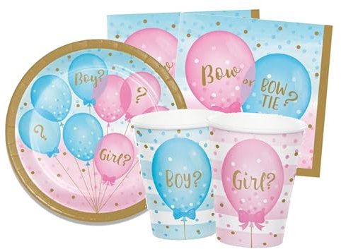 Isola Party Kit Baby Shower Gender Reveal per 16 Persone Eco-Friendly Multicolore (16 Piatti ⌀ 23 cm, 16 Bicchieri 266 ml, 16 Tovaglioli 33x33 cm)