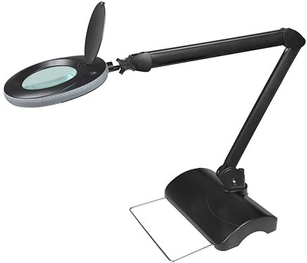 Lumeno LED Lupenleuchte 7215SW Lupenlampe mit 127 mm Echtglaslinse, Arbeitsplatzlampe, Kosmetiklampe, geeignet für Kosmetik, Bastler, Lesehilfe Vergrößerungslampe, 5 Dioptrien Schwarz mit Tischstativ
