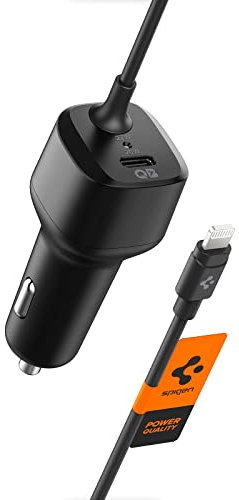 Spigen USB C Auto Ladegerät Total 47W PD 27W mit eingebautem Lightning Kabel 20W schnellaufladen Type C Auto Adapter für iPhone 14 13 Plus Pro Max SE 2022 12 Mini iPad Air Pro Steam Deck und mehr
