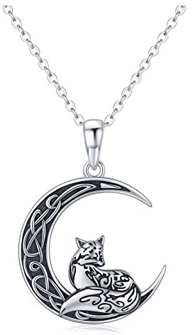 Fuchs Kette 925 Sterling Silber Keltische Mond Anhänger Halskette Fuchs Tier Schmuck Geschenke für Frauen Teen Mädchen Damen