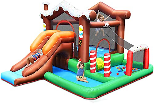 GYMAX Kids Bouncy House, Inflatable Jumping Castle with Climbing Wall & Basketball Hoop, Indoor Outdoor Slide Bouncer for Party, Patch Kit, Carrying Bag (without Blower)