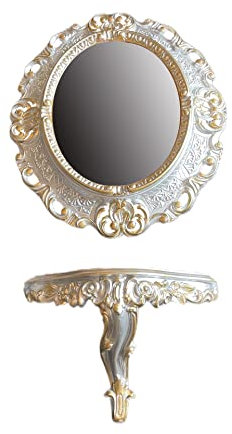 Generisch Set Silber/Gold Wandspiegel + Konsole M OVAL Wandkonsole Barock Antik 44x38 Flur Eingangsmöbel Möbel Konsole Ablage Spiegel 45SET