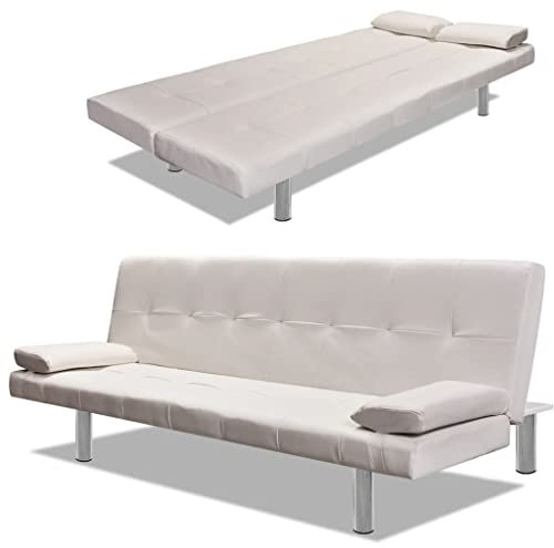 INLIFE Schlafsofa mit Zwei Kissen Kunstleder Verstellbar Cremeweiß