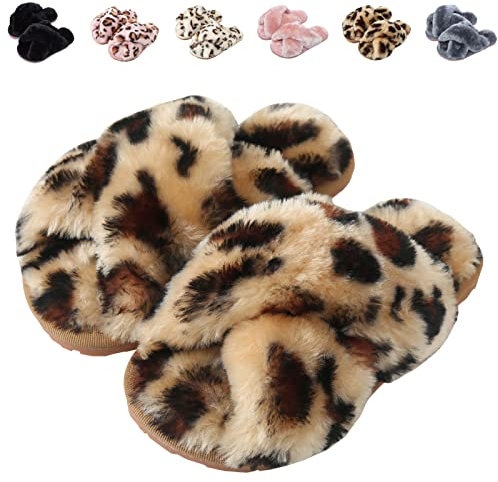 Pantofole Peluche Donna Ciabatte Invernali Pelose Bambina Scarpe da Casa Donna Comode Calde Aperta Slippers Leopardo Marrone EU 37/38 (Dimensione Etichetta 38/39)