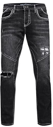 Rusty Neal Jeanshose Herren Jeans 'NISHO' Straight-Fit Stretch Streetwear Biker Jeans-Hose Destroyed Washed Biker-Pants 243, Farbe:Black Used, Größe Jeans L32:31W / 32L