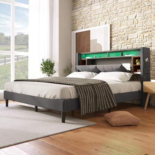 FEZTOY Doppelbett mit Schrank, 2023 Neu jugendbett mit Bücherregal & LED-Beleuchtung, Grau Bett mit Regalwand, Funktionsbett, Kinderbett, Jugendbett, Bettliege (160x200cm-led)