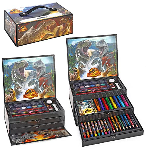 Zawadi Global Jurassic World Kids 52pc Colouring Art Stationery Set with Watercolour Felt Tip Pens Crayons and Pencils Travel Set for Children
