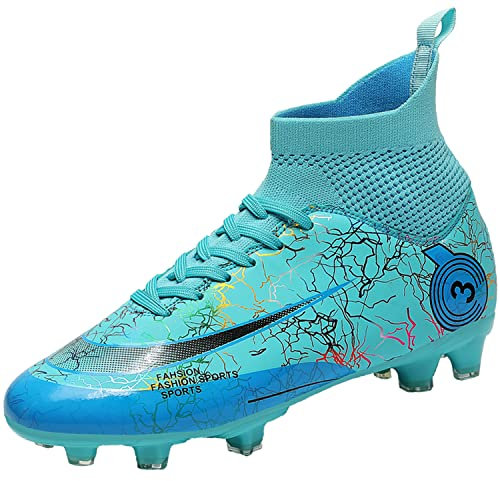 VTASQ Boys' Football Boots Kids Girls Turf High Top Spikes FG/AG Non-Slip Junior Soccer Shoes Sports Shoes Soccer Athletics Training Shoes Outdoor Sneakers for Unisex Cyan, 13 UK Child