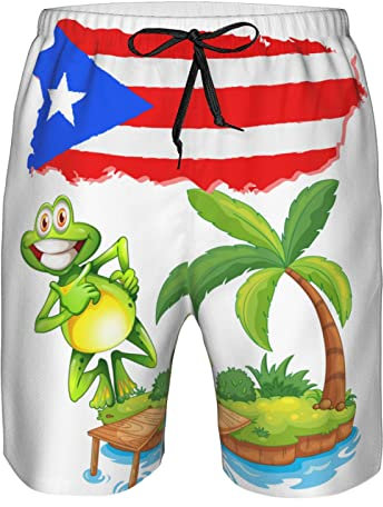 SKT T1 Herren Badehose Strandshorts mit Taschen, Sommer schnell trocknend Schwimmen Laufbrett Shorts Badeanzüge für Männer, Puerto Rico Flagge Frosch, Medium