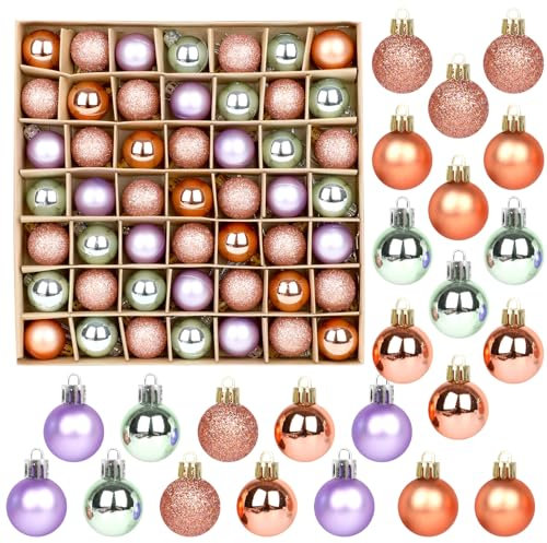 VEYLIN Christmas Baubles - 49pcs Mini Tree Ornaments 3cm Glitter for Tree Decoration (Purple and Copper)