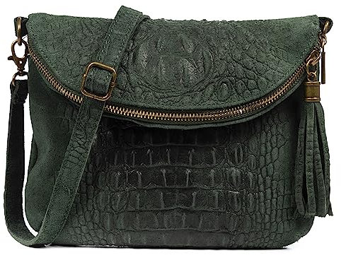 FIRENZE ARTEGIANI. Capoliveri Damen-Umhängetasche, echtes Leder, geprägtes Krokodil, 24 x 3 x 19 cm, Farbe: Dunkelgrün, Dunkelgrün, Utility