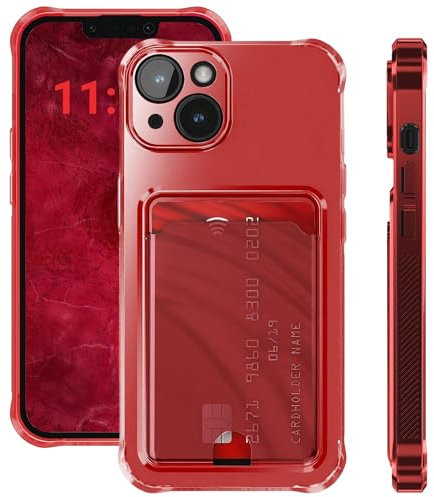 ELEVAVIDA Custodia per iPhone 14 rosso trasparente con scomparti per carte di credito e protezione della fotocamera – angoli antiurto antishock antiurto, custodia protettiva per Apple iPhone 14