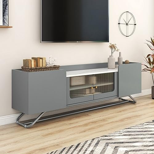 Mueble para TV Moderno Hermosa Puerta De Cristal Mueble Bajo para Televisores hasta 65 Pulgadas Mesa para TV Soporte para TV con Estante 2 Puertas 2 Particiones Mueble Pared para TV Sala Estar Gris