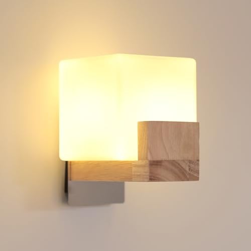 Comely Wandleuchte Innen Wandlampe Holz, mit 1 x G9 Glühbirne, Kreative Quadratische Design Moderne Wandleuchte Glas in Weiß für Schlafzimmer, Flur, Wohnzimmer, Esszimmer, Küche, Treppenhaus
