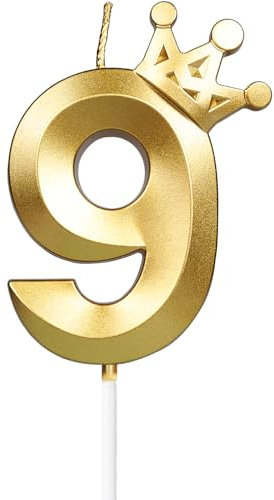 Yiran Gold 9th Birthday Candles with Crown, 3inch Giant Number 9 Candle, 9th Birthday Candle for Cake,Happy Birthday Candle, Cake Candles Cake Topper Decorations for Girls Boys Birthday Party Supplies