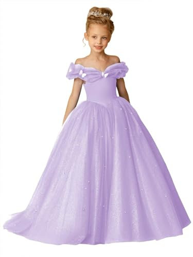 Off Shouler - Abito da ragazza floreale per matrimonio, in tulle con perline ad A, linea principessa, compleanno, festa con fiocco, lilla, 6 anni