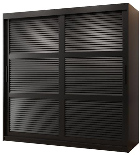 MEBLE KRYSPOL ŻALUZJA Zweitüriger Schrank mit Schiebetüren mit Stangen und Regalen - Moderner Aufbewahrungsschrank für Schlafzimmer, Wohnzimmer - 200x180x62cm - Schwarz, Schwarz, Schwarz