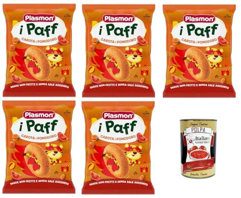 Plasmon Snack i Paff Karotten und Tomaten, 15 g, 5 Packungen. Snacks, nicht frittiert und ohne Salzzusatz, perfekt für die kleinen Hände Ihres Kindes + Italian Gourmet polpa 400g