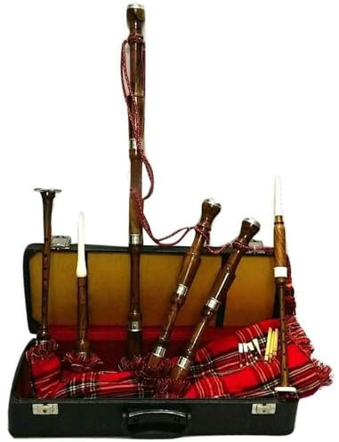 Great Highland Dudelsack in voller Größe mit Royal Stewart Tartan-Abdeckung und kostenlosem Zubehör – braune Oberfläche, ideal für Anfänger
