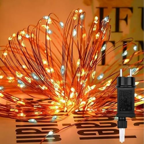 Partenopea Catena luminosa 300 mini luci di Natale micro LED stringa luce calda fissa + luce bianca fredda intermittente flash filo color rame modellabile da 30 mt esterno e interni IP44 31V