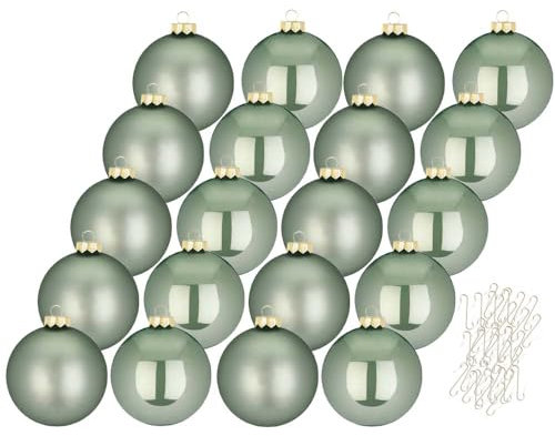 Inge Glas Weihnachtskugeln mit Haken | Schöne Christbaumkugeln aus Glas | Set 20 Kugeln und 40 Aufhänger | Christbaumschmuck Weihnachtsbaumkugeln (Mild Sage | Mint)