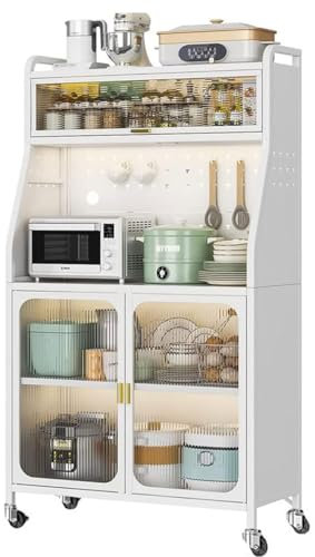 BYYBOU Buffetschrank Küchenschrank Hochschrank Schrank Küche Mehrzweckschrank 76cm Breit mit Rad, Vorratsschrank Mikrowellenschrank Mutfak Dolabı mit verstellbare Regal und Türen Weiß (76x36x162cm)