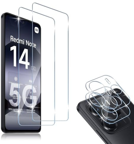 HidWee Cristal Templado Compatible con Xiaomi Redmi Note 14 5G, 2 Piezas Protector de Pantalla + 2 Piezas Protector de Lente Cámara, 9H Dureza Sin Burbujas Cristal Templado & Protector de Cámara