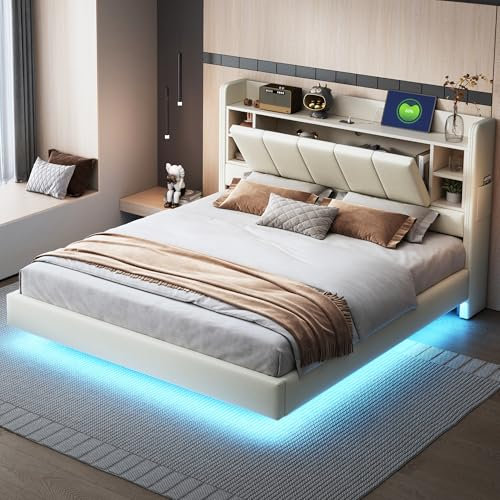KEYIDE Polsterbett 160x200 cm mit LED-Beleuchtung und Aufladen USB, Doppelbett mit Stauraum Kopfteil und Lattenrost, Jugendbett Stauraumbett Bettgestell, Leinen, ohne Matratze (Beige 5, 160x200 cm)