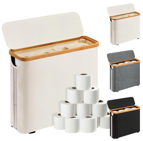 Toilet Roll Storage, Beige Toilet Paper Basket with Lid Bamboo Toilet Paper Storage Holder Organiser Toilet Paper Storage Container for Mega Roll Standing for Bathroom Cabinet for up to 12 Rolls