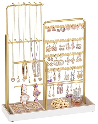 SONGMICS Joyero, Soporte para Joyas, Marco de Metal, Bandeja de Terciopelo, Extensible para Collares, 30,9-47,5 cm de Altura, para Organizar, Dorado Pálido JJS026A01
