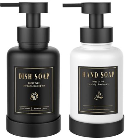 Luxspire Schaumseifenspender, Glasschaum-Pumpseifenspender, Rutschfester Handseifenspender mit 5 wasserfesten Etiketten, 450ml/15oz nachfüllbarer Flüssigseifenspender Bad Küche, Schwarz+Weiß, 2 Stück