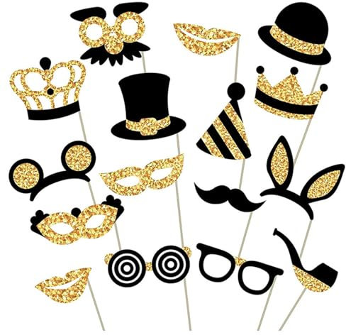 DazzJoy 16 Stück Schwarzes Gold Fotobox Accessoires Hochzeit,Glitzer Fotobox Requisiten Fotoautomat,Party Foto Requisiten Hochzeit Party Deko