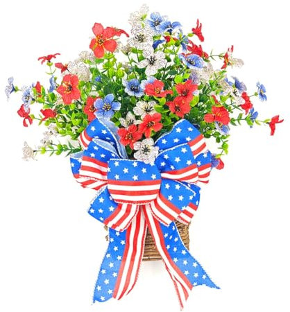 Sxmrmnx Cesta de flores del Día Patriótico para puerta delantera, Día de la Independencia, 4 de julio, para interiores y exteriores, rojo, , azul, fácil de instalar