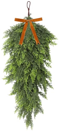 Giegxin Christmas Teardrop Swag 27 Artificial Cedar Door Swags Real Touch Pine Needles Faux Greenery Teardrop Wreath for Mantle Fireplace Staircase Xmas Front Door Indoor Outdoor Decor