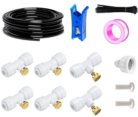 HUAZIZ Sistema di irrigazione per terrazze esterne, sistema di nebulizzazione da giardino, tubo nebulizzatore da 10 m, 6 mm + 6 ugelli a T bianchi, sistema di nebulizzazione esterna per paesaggi