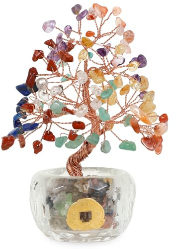 Crystal Tree of Life Chakra Crystal Tree Handmade Gemstone Money Trees Good Luck Gifts for Women Men Birthday Christmas Healing Crystals Ornament for Home Office Room (seven colour)