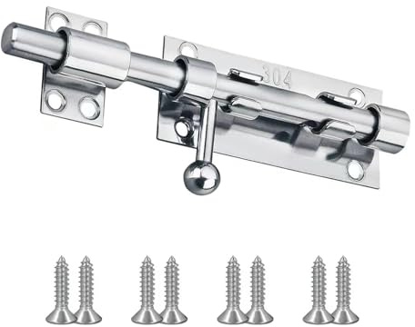 Wjelet Heavy Duty Slide Gate Latch Bolt Safety Door Lock with Padlock Hole, 304 Stainless Steel Barrel Gate Bolt Latch,5 inch for Securing Doors, Cabinets,Darages,with 8 Screws(Silver)