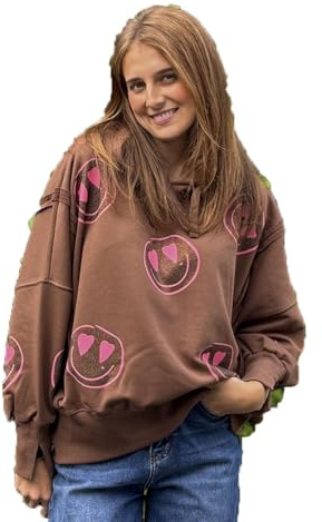 Miss Goodlife MG13271 Damen Hoodie Wide Heartface Allover Strass, Chocolate/flashrose,