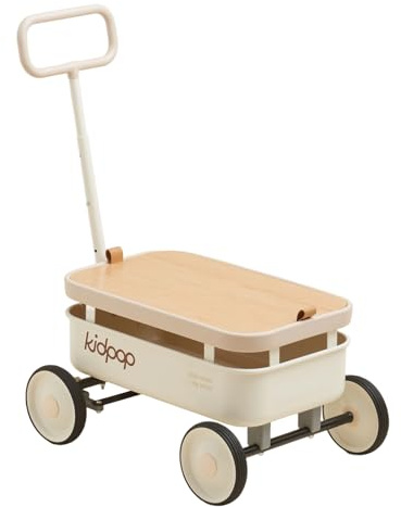 kidpop PULA-Wild 3-in-1 Kinder-Handwagen 2,5-8 Jahre, abnehmbare Holzabdeckung und Verstellbarer Lenker, Geburtstagsgeschenke Max. Gewicht 16 Kg，Weiß