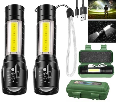 Gogvaga LED Small Mini Torch Rechargeable USB with Side Flashlight 2 Pack | Super bright 3 Lighting Modes travel Torches with side Light. Portable Compact pocket size for camping, hiking, emergency.