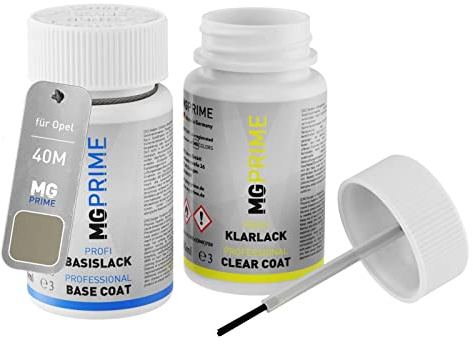 MG PRIME Autolack Lackstift für Opel 40M / 79Q AAU Lancelot Perleffekt +1K | Champagner Silber Metallic, Set aus Basislack + Klarlack, Lackfläschchen mit Pinsel, je 50ml