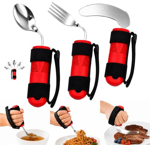Adaptive Utensils Set for Adults, 3-Piece Bendable Spoon Fork and Rocker Knife with Red Non-Slip Handles, Adjustable Hand Strap Eating Utensils for Elderly, Arthritis, Parkinson’s, Hand Tremors, Weak