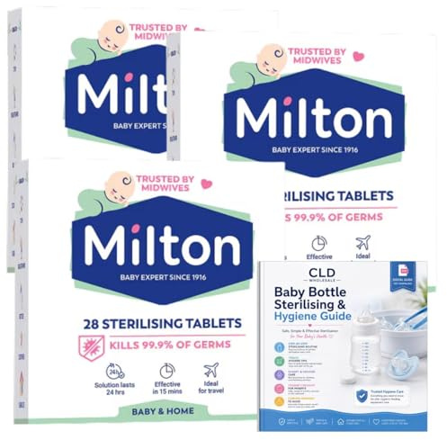 Milton Sterilising Tablets 3 Pack (84 Tablets) - Cold Water Baby Bottle Steriliser Tablets, No Rinse, Kills 99.9% of Germs in 15 Mins, Travel-Friendly, Free Hygiene Guide Included