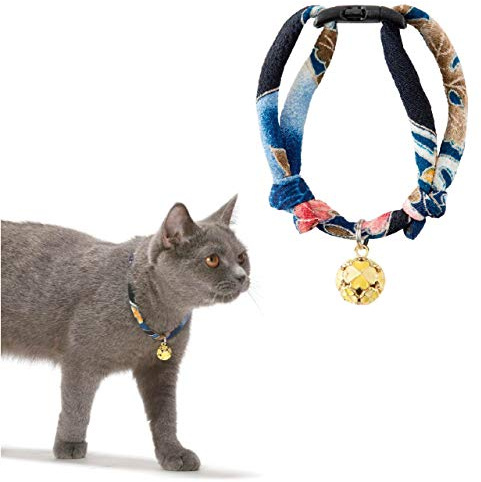 Necoichi Chirimen Cat Collar with Clover Bell (Navy) with Bell Safety Breakaway Soft Lightweight for Cats Kitty Kitten Japanese Stylish Pattern, No.1 Seller in Japan